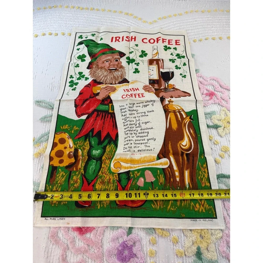 Vintage Irish Coffee Tea Towel Pure Linen Made in Ireland Leprechaun Recipe